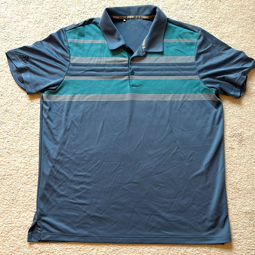 Adidas polo. Grey/blue color with teal, grey and navy stripes. Size XL. EUC.